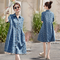 【现货】牛仔提花连衣裙女polo领直筒梨形宽松休闲遮肉显瘦法式裙，女装连衣裙，梦懿尔