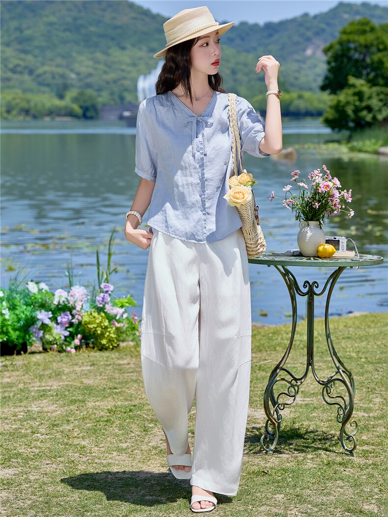 亚麻套装女2026夏季新款套装女蕾丝领带宽松上衣气质透气休闲裤,女装套装/套裙,梦懿尔