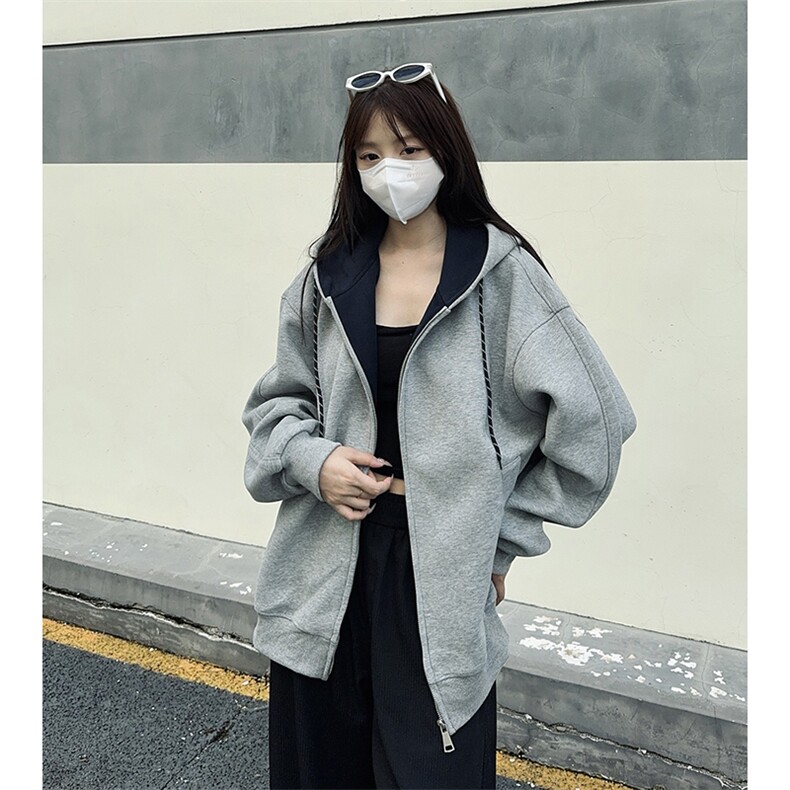 抖音得物二开美式高街重磅结构双层撞色连帽卫衣开衫外套W116图片