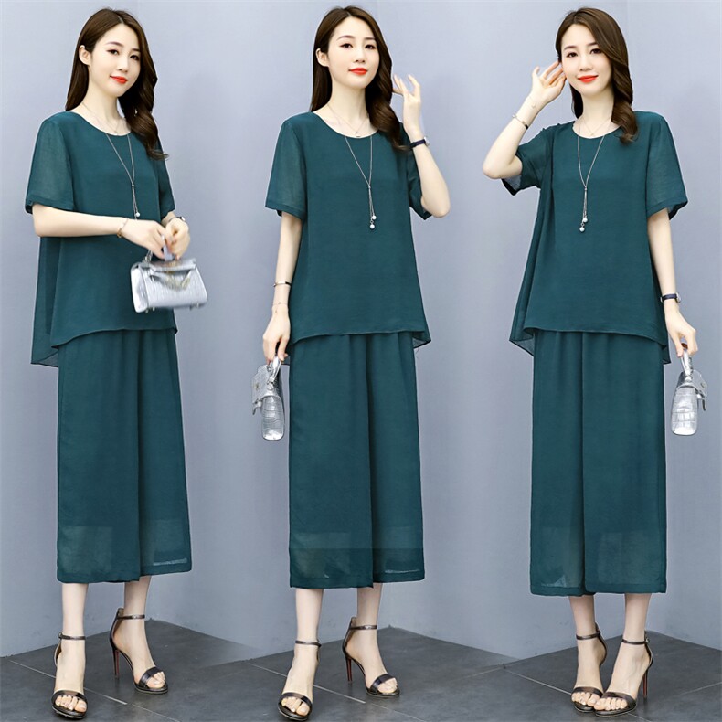 （现货）夏季新款圆领纯色宽松雪纺套装女七分裤显瘦时尚两件套，女装套装/套裙，深妍伊美