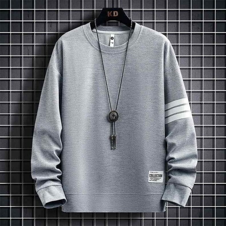 73813-P35华夫格卫衣男士春秋季长袖t恤圆领打底衫男款上衣服休闲,男装T恤,电商D310B-1