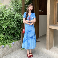 蓝色刺绣扎染天丝连衣裙女2025夏新款氛围感泡泡袖设计巨好看长裙，女装连衣裙，2C115