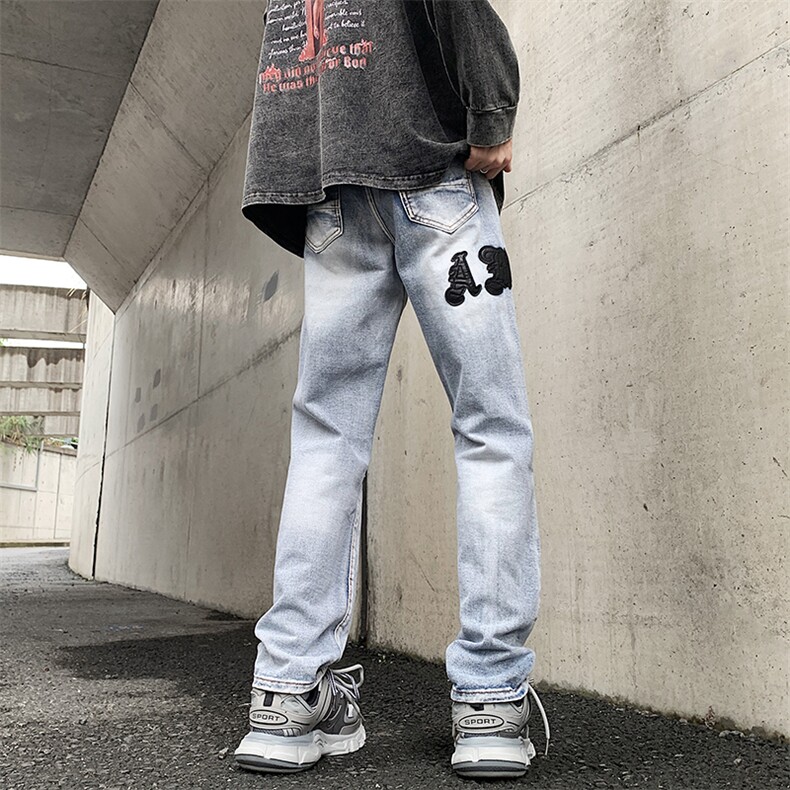 港风破洞牛仔裤宽松合体直筒裤美式高街牛仔裤N0845-P48,男装牛仔裤,星座308B-1