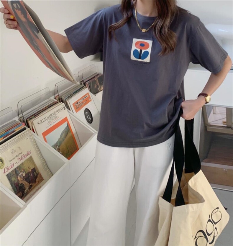 夏季印花植绒T恤，女装T恤，简蔻