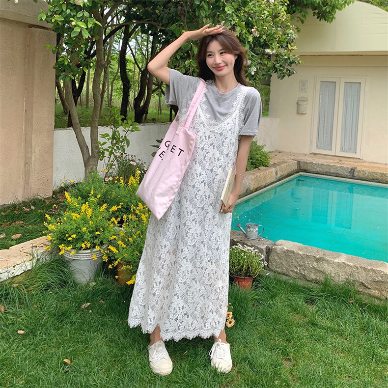 蕾丝吊带罩衫叠穿连衣裙女2025新款夏装穿搭一整子,女装连衣裙,维壹