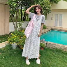 蕾丝吊带罩衫叠穿连衣裙女2025新款夏装穿搭一整子，女装连衣裙，维壹
