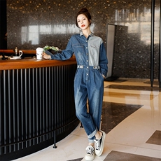 拼接牛仔连体裤女2025春秋新款高端设计感炸街显瘦连身裤，女装连体裤，秋水欣儿