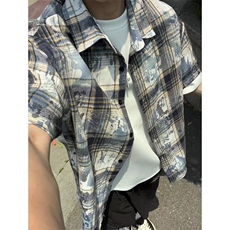 牛油果绿色扎染格子衬衫男款高级感早秋外套cleanfit格纹长袖衬衣，男装衬衫，电商A007