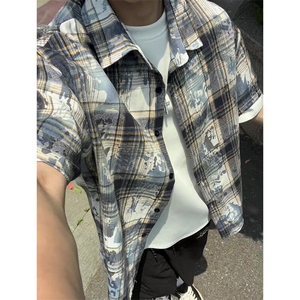 牛油果绿色扎染格子衬衫男款高级感早秋外套cleanfit格纹长袖衬衣图片