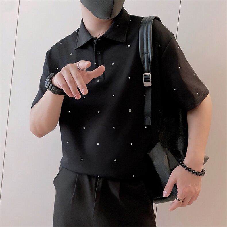 8953/P65控95夏季社会小伙轻奢Polo衫满天星烫钻翻领短袖男黑首2,男装T恤,星座305B