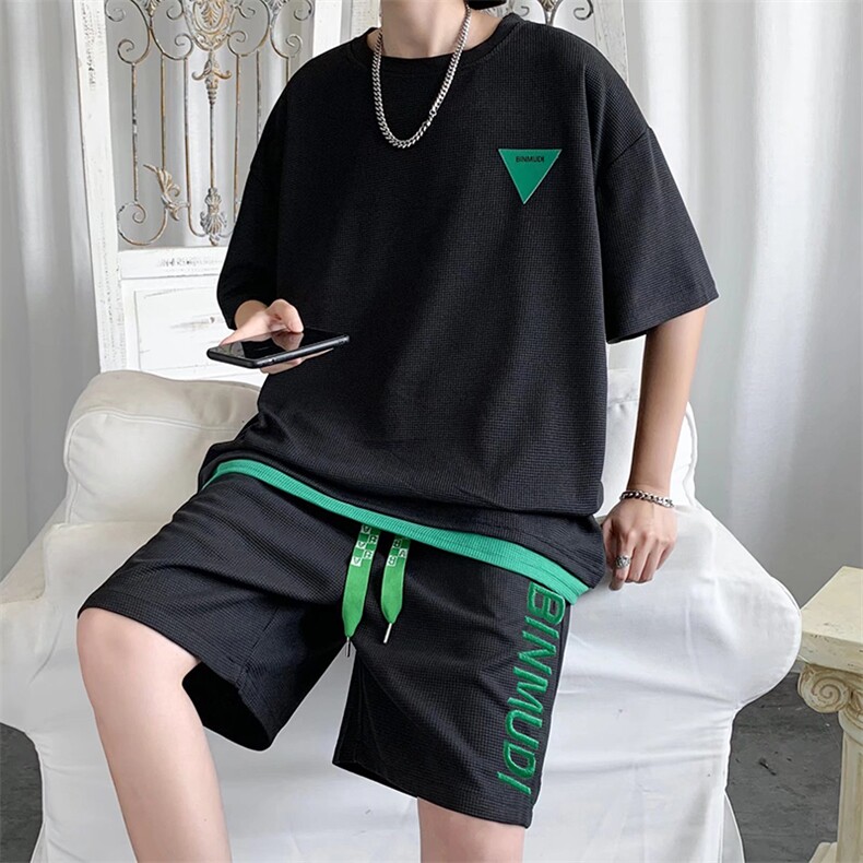 休闲运动套装男夏季华夫格潮牌短袖t恤男两件套短裤一套TZ015-P45,男装休闲套装,星座308B-1