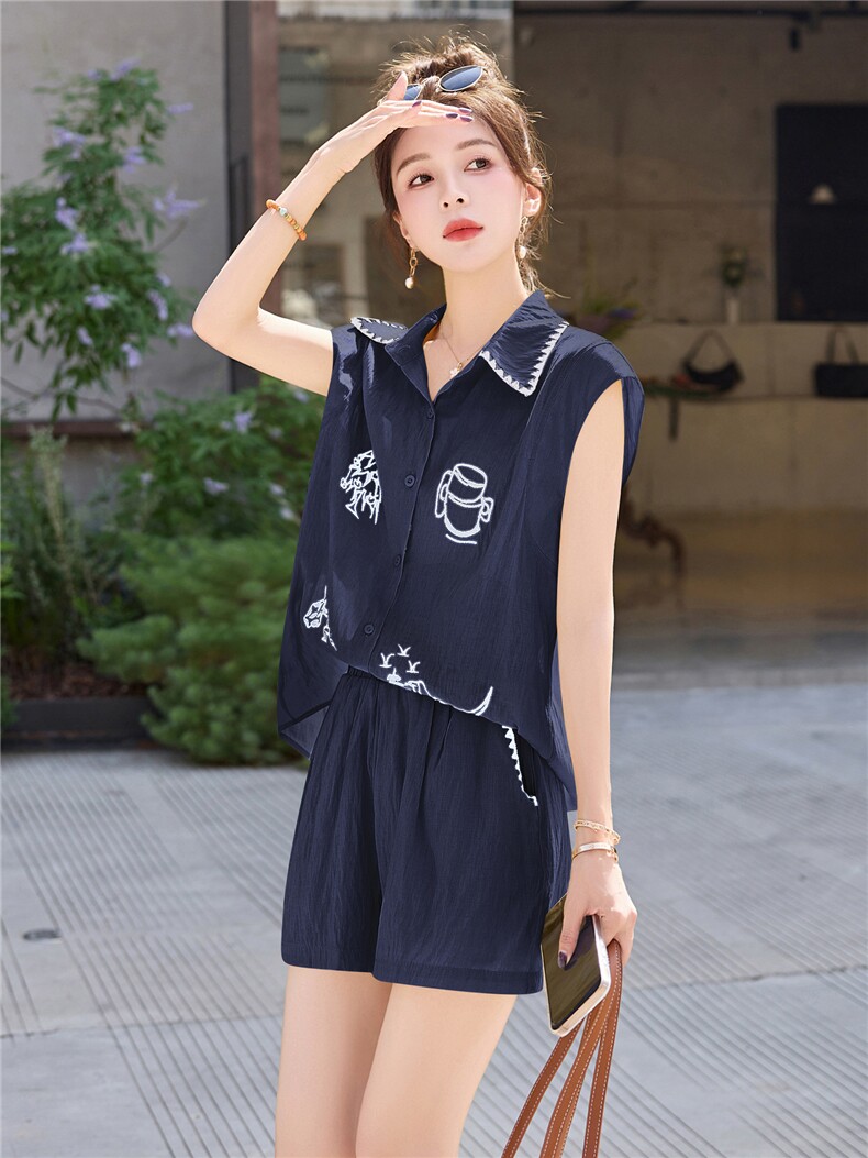 黄色刺绣衬衫高腰短裤套装女2025夏新款洋气炸街休闲小个子两件套,女装套装/套裙,意芙