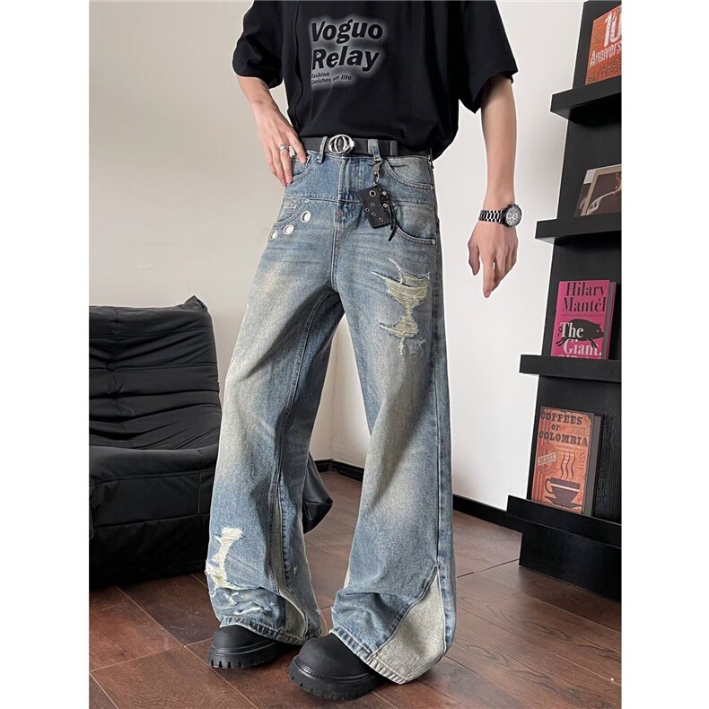 美式街头刀割环扣破洞微喇牛仔裤男女cleanfit宽松长裤潮，男装牛仔裤，星座410-7