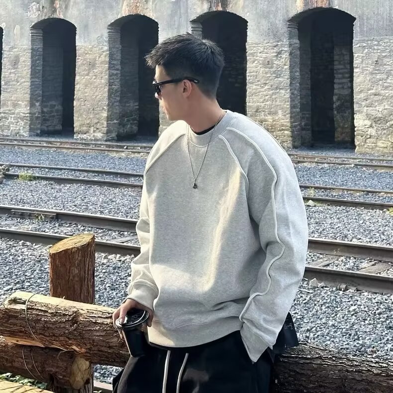 马切达春秋重磅圆领男士卫衣美式情侣休闲长袖百搭纯色外套潮图片