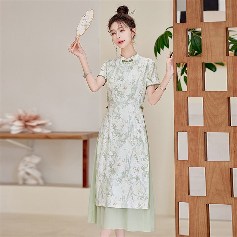 日常印花长裙女夏季新款送考连衣裙气质修身中式改良版奥黛旗袍裙,女装连衣裙,利佳可人