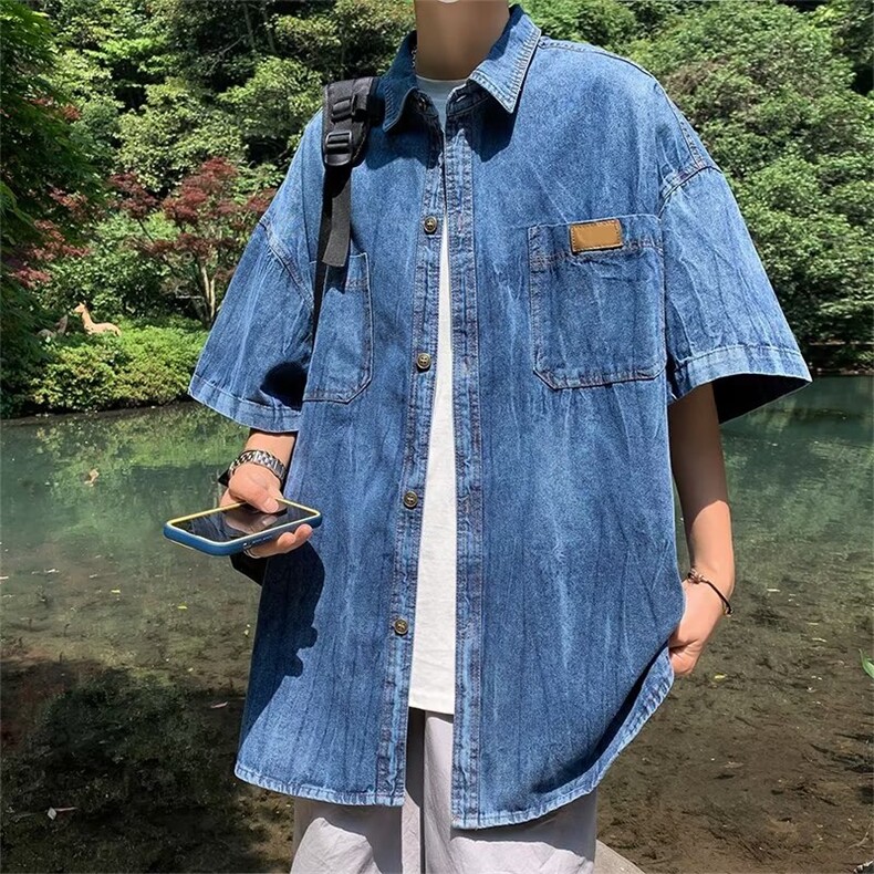 2023夏季短袖牛仔衬衫男款潮牌港风日休闲宽松半袖外套CS06-P45,男装衬衫,星座308B-2
