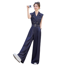 （新款现货）2026夏时尚无袖西装领天丝牛仔阔腿连体裤（配腰带），女装连体裤，印象茜