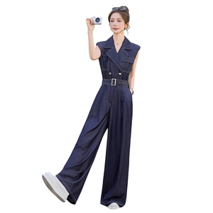 （新款现货）2026夏时尚无袖西装领天丝牛仔阔腿连体裤（配腰带）图片