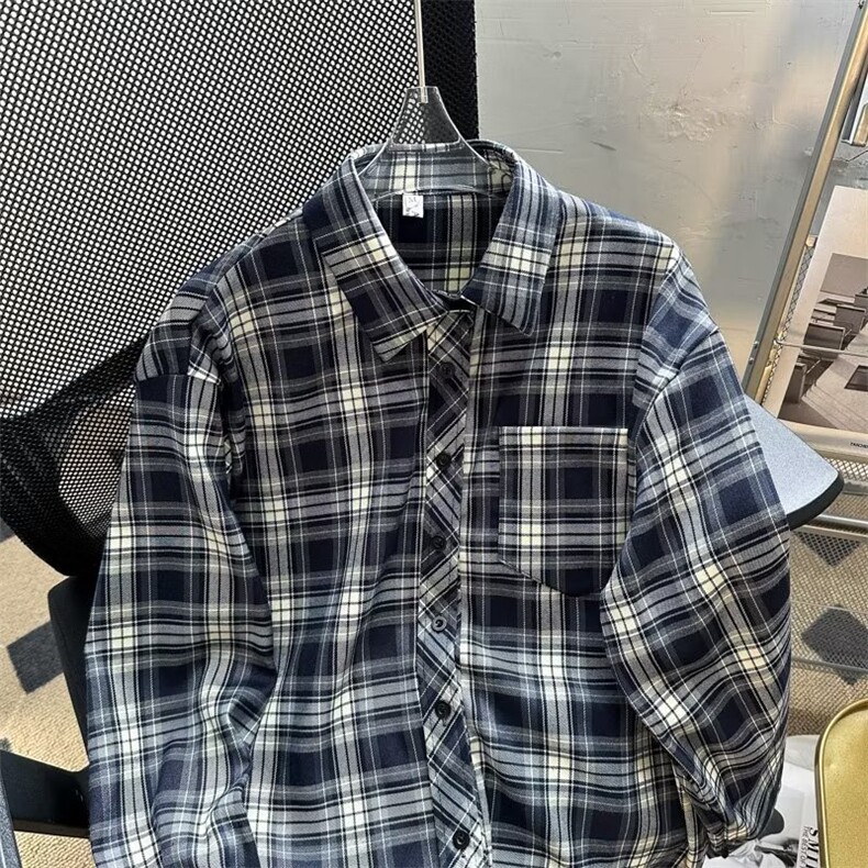 港风复古格子衬衫男女新款夏季设计感chic上衣外套夏季S1300-P35,男装衬衫,星座1008-1