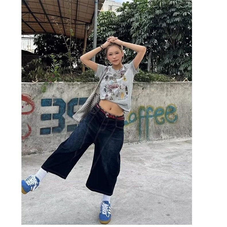 大码简约美式百搭复古牛仔阔腿裤夏季设计感水洗宽松潮流七分裤,男装牛仔裤,星座218-1（原230）