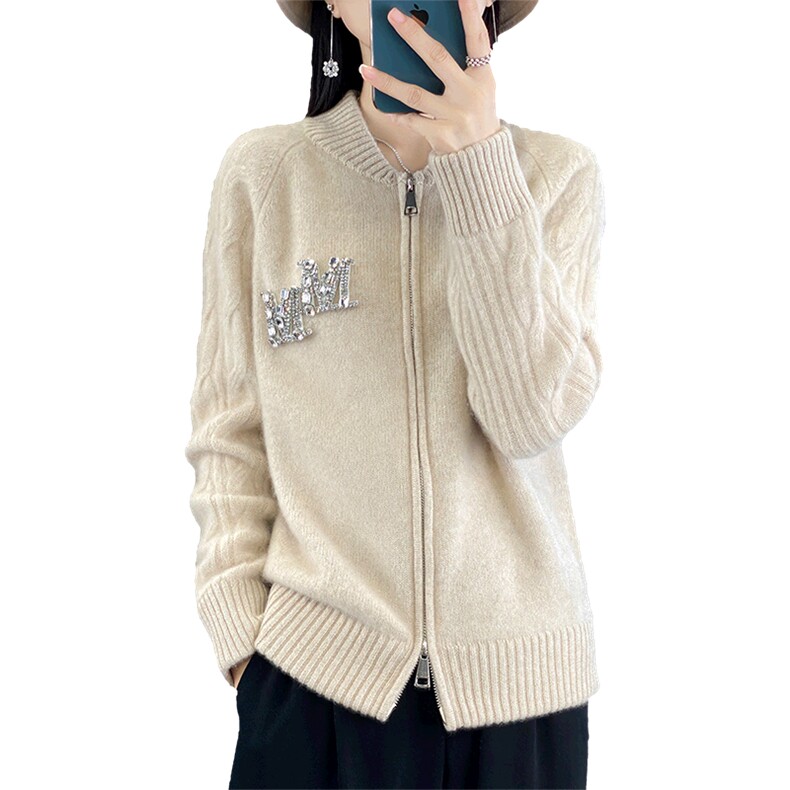 拉链开衫女圆领扭花镶钻棒球服针织外套宽松羊绒衫外搭,女装羊毛衫,暖烁羊绒