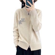 拉链开衫女圆领扭花镶钻棒球服针织外套宽松羊绒衫外搭，女装羊毛衫，暖烁羊绒