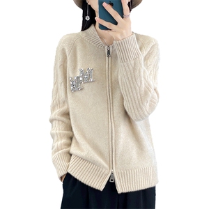 拉链开衫女圆领扭花镶钻棒球服针织外套宽松羊绒衫外搭图片
