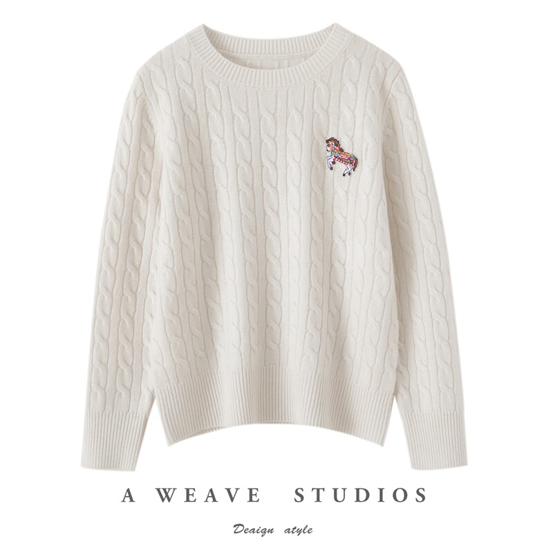 2025年秋季时尚百搭通勤简约休闲麻花小马刺绣，女装羊毛衫，佰米娇羊绒