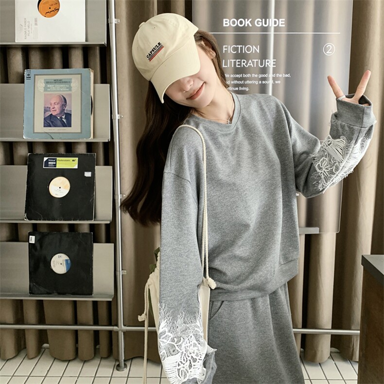 182-8576-P175-K258-H灰色设计感镶边卫衣半身裙套装,女装套装/套裙,帛香坊