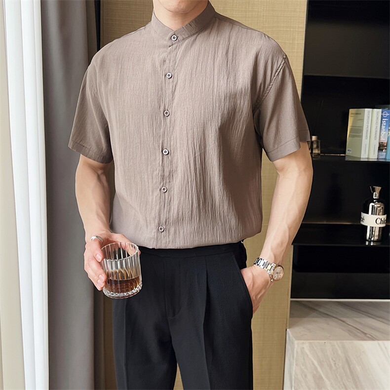 夏季男士七分袖透气衬衫立领男休闲修身休闲衬衣A236-C663-P55，男装衬衫，电商A236