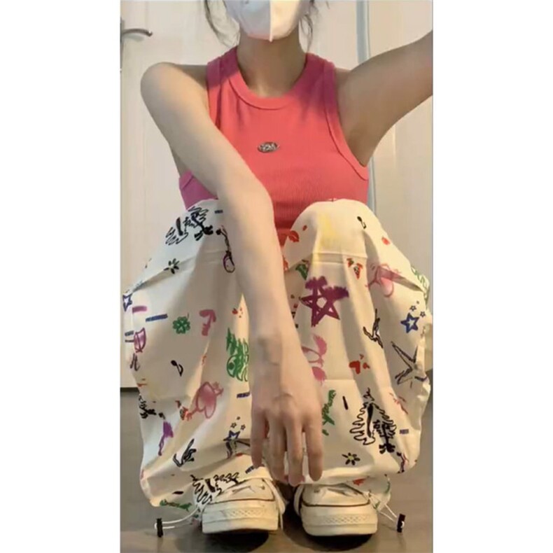 AK2375-P45夏季高腰显瘦美式复古hiphop趣味涂鸦满印工装裤子,女装休闲裤,星座617A-2