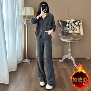 时尚加绒条纹连帽外套+休闲阔腿裤两件套显瘦保暖冬季必备
