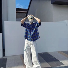 克莱因蓝格子衬衫男高级感痞帅短袖外套薄款美式复古设计感上衣，男装T恤，星座506A