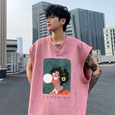 ！2025夏季新款男士百搭麂皮绒无袖短袖潮牌背心TLBX37特P18，男装T恤，电商B220