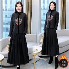 2021秋冬新款香云纱棉衣貂毛套装重工刺绣时尚百搭两套装，女装职业装，韩然一族