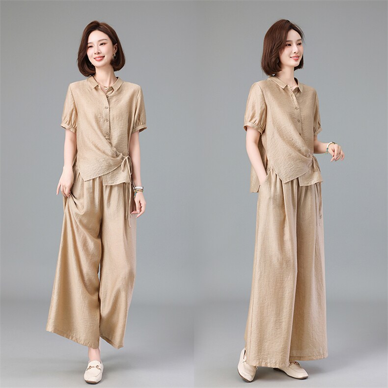 天丝亚麻衬衫套装女2025夏新款中年妈妈宽松洋气减龄阔腿裤两件套,女装套装/套裙,深水步