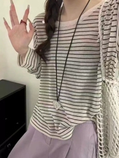 时尚潮流春季YM-1822黑白条纹宽松防晒衫女，女装T恤，悦玛羊绒