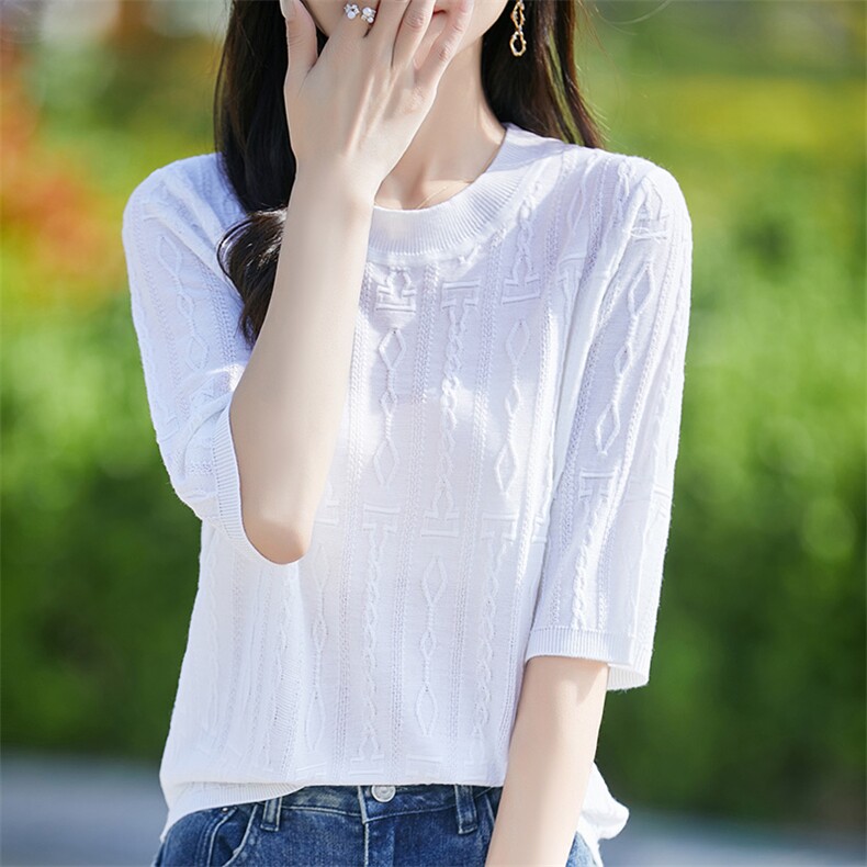 圆领精纺羊毛针织衫五分袖T恤上衣女夏季提花中袖宽松短袖打底衫图片