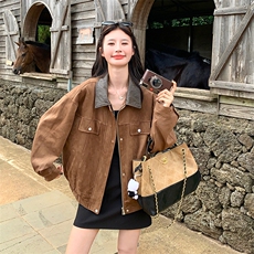 美拉德棕色麂皮绒短外套女2025秋季美式复古炸街pu皮翻领宽松夹克，女装短外套，2C025