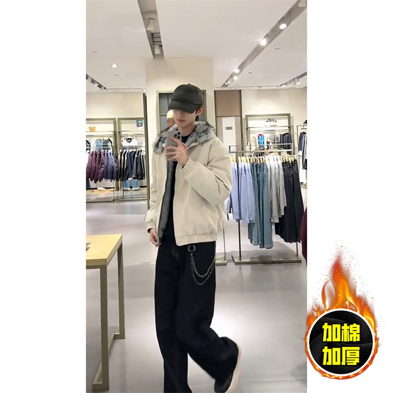 现货高品质美式高街重磅狼王座山雕毛毛领棉衣男女加厚棉服冬外套图片