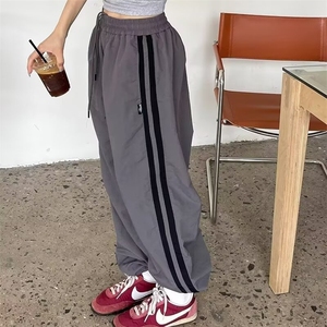 冰丝速干条纹裤子男秋季薄款多巴胺美式潮牌宽松直筒休闲运动长裤图片