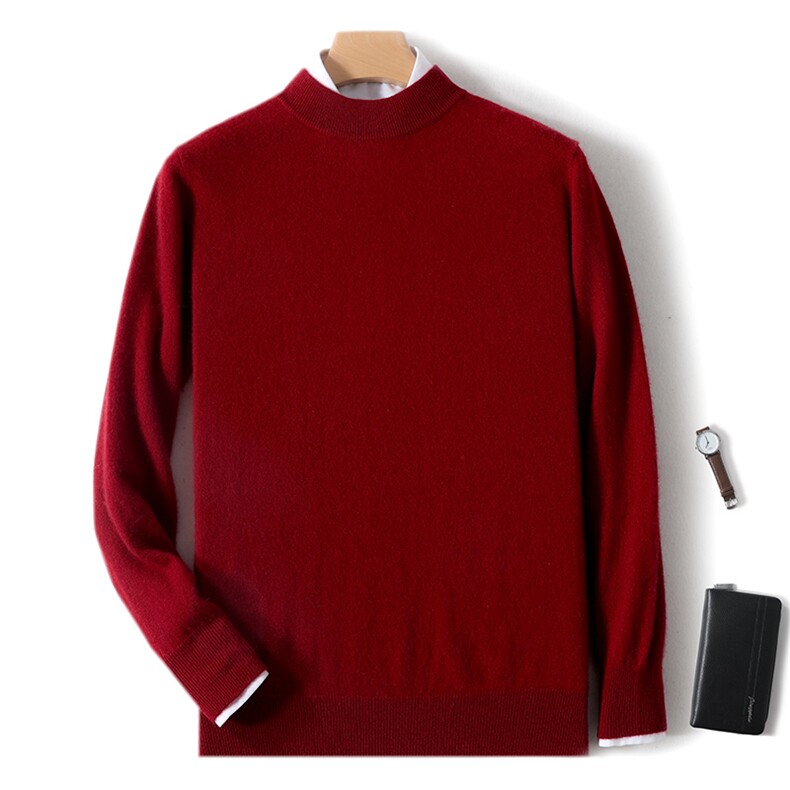 秋冬新款男士半高领衫舒适保暖时尚百搭经典红色品质材男装，男装羊绒套衫，绒韵雅