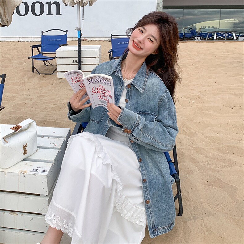 韩系复古高级感翻领牛仔外套女2025年春季小众设计感百搭叠穿外套，女装牛仔外套，维壹