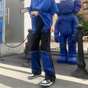 流苏牛仔裤男潮流高街原宿风宽松毛边嘻哈长裤潮牌撞色BK78-P73图片