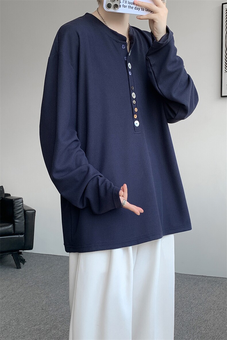 8XL-M慵懒肌理感华夫格廓形云母贝纽扣长袖T恤打底长袖CX3006P48,男装T恤,电商D206-1