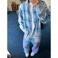 蓝色格子衬衫男女长袖同款情侣宽松2025夏ins休闲衬衣CY1096-P38，男装衬衫，星座412-3