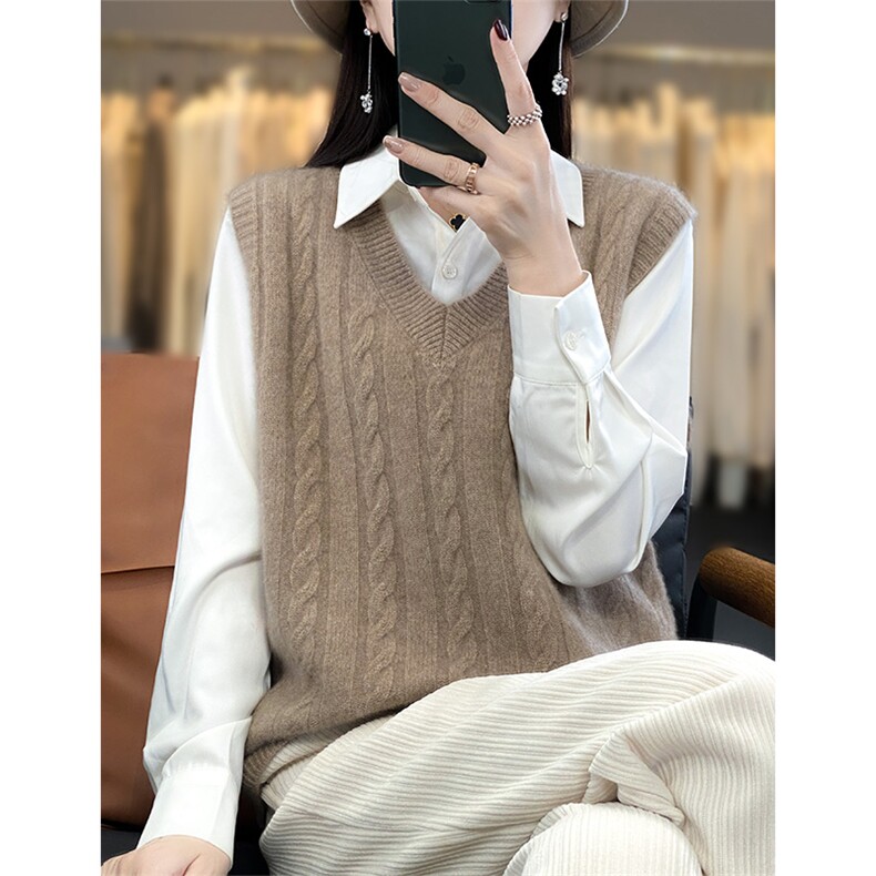 时尚百搭V领毛衣背心女宽松显瘦针织马甲外套秋冬季新款韩版上衣,女装马甲,绒汀羊绒