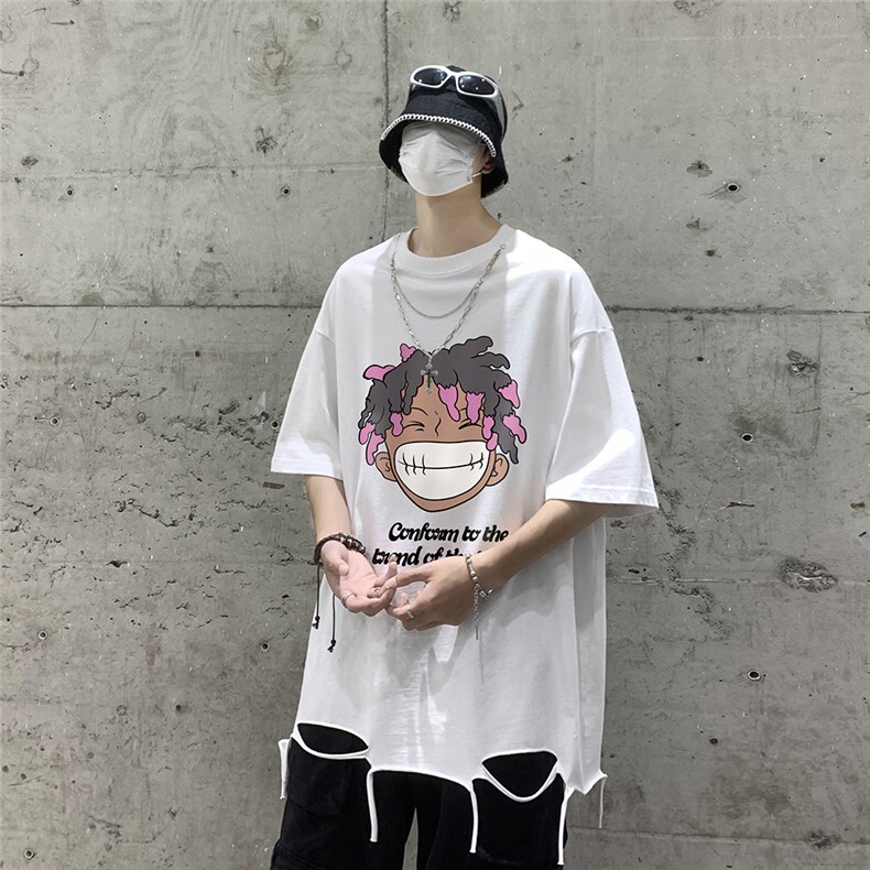 港风23新款夏季时尚卡通印花流苏圆领宽松短袖T恤DT6341P45控68,男装T恤,电商A268A