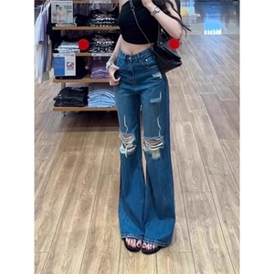美式蓝色微喇破洞牛仔裤女薄款2025夏季新款小个子高腰马蹄喇叭裤图片
