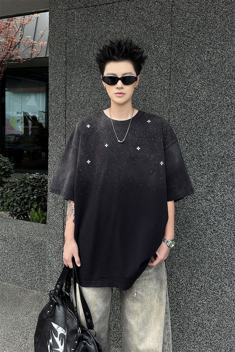 8XL-M满天星轻奢烫钻宽松版落肩纯棉短袖T恤新款夏百搭上衣DX337,男装T恤,电商D206-1